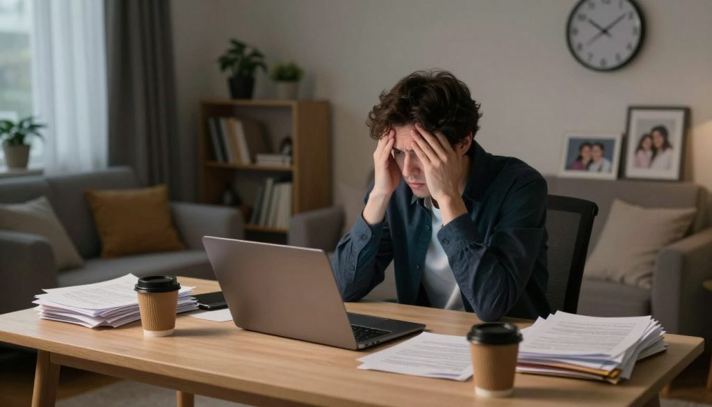 A modern home office scene that highlights the disadvantages of remote work. In the foreground, a slightly cluttered desk with a laptop, coffee cups, and a pile of unorganized papers, symbolizing distractions. In the middle, a person dressed in smart casual attire, looking frustrated while attempting to focus on a video call. The atmosphere should convey a sense of overwhelming pressure and isolation, with a soft, diffused lighting effect casting gentle shadows, suggesting a late afternoon. In the background, a cozy living space with plants and family photos, but a visible clock showing late hours, implying the blurring of work-life balance. The angle should be slightly above, capturing both the desk and the person’s expression, immersing the viewer in the challenges of teleworking.