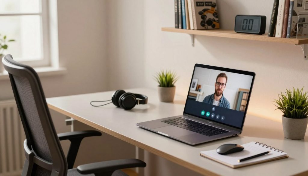 A modern home office setup showcasing essential technical requirements for remote work. In the foreground, a sleek desk with a high-quality laptop open to a video conferencing screen, a wireless mouse, and a notepad with a pen. In the middle ground, a stylish ergonomic chair, a pair of noise-canceling headphones, and a small potted plant to add a touch of greenery. In the background, a softly lit wall with a shelf displaying technology-related books and a digital clock. The light coming from a window creates a warm, inviting atmosphere, emphasizing productivity and professionalism. The space is tidy, encouraging a sense of focus and efficiency. The mood is calm and organized, ideal for remote work. A modern home office setup showcasing essential technical requirements for remote work. In the foreground, a sleek desk with a high-quality laptop open to a video conferencing screen, a wireless mouse, and a notepad with a pen. In the middle ground, a stylish ergonomic chair, a pair of noise-canceling headphones, and a small potted plant to add a touch of greenery. In the background, a softly lit wall with a shelf displaying technology-related books and a digital clock. The light coming from a window creates a warm, inviting atmosphere, emphasizing productivity and professionalism. The space is tidy, encouraging a sense of focus and efficiency. The mood is calm and organized, ideal for remote work.