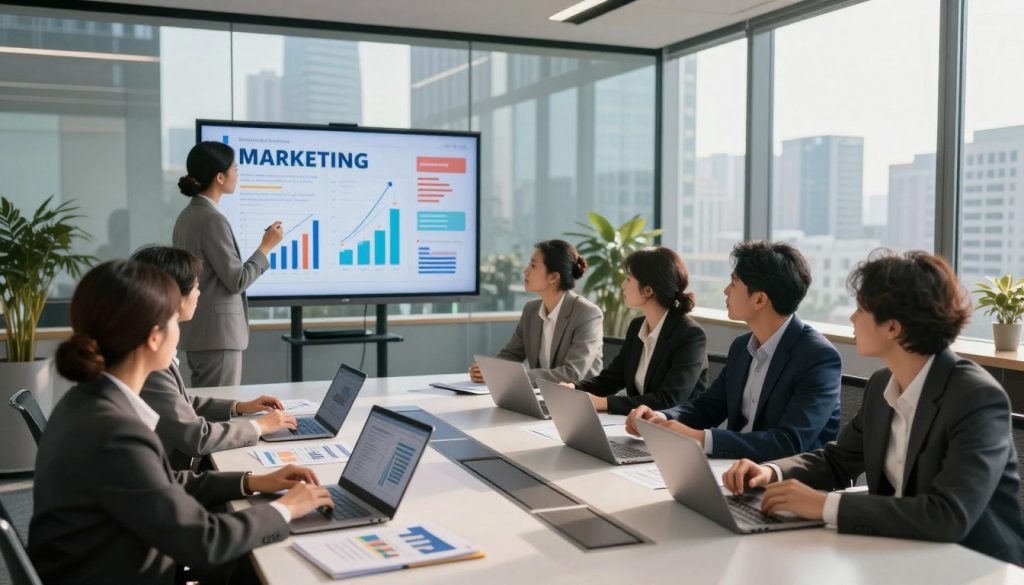 A modern office setting bustling with professionals engaged in strategic discussions. In the foreground, a diverse group of business people, dressed in business attire, sit around a sleek conference table with laptops open and charts displayed, analyzing marketing strategies. In the middle ground, a large digital screen shows a colorful infographic illustrating effective marketing plans with graphs and data. The background features a glass wall overlooking a city skyline, bathed in warm, natural light from large windows. The ambiance is one of focus and collaboration, reflecting a productive atmosphere of innovation and teamwork in business strategy. Soft shadows add depth, captured from a slightly elevated angle for a comprehensive view of the scene.