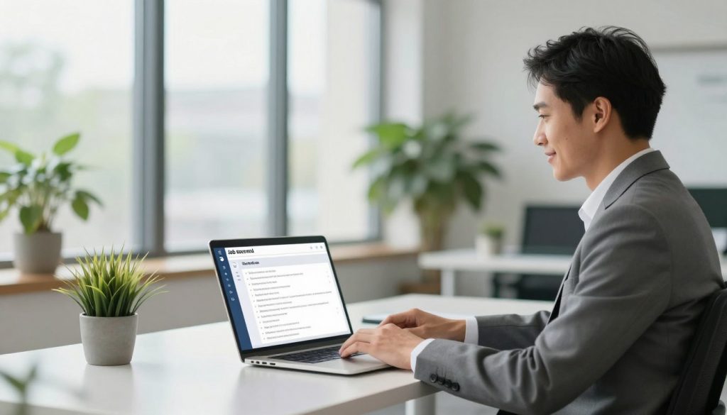A modern office setting focusing on the theme of job security. In the foreground, depict a confident professional, dressed in smart business attire, sitting at a sleek desk with a laptop open, clearly engaged in a job search. The middle layer features an array of job listings displayed on the laptop screen, showcasing a variety of industries. In the background, large windows let in soft, natural light, creating an inviting and optimistic atmosphere. Potted plants add a touch of greenery, enhancing the calming vibe of the workspace. The overall composition should evoke a sense of determination and hope, emphasizing the journey towards finding stable employment. The image should be bright and well-lit, with a focus on inviting colors that inspire positivity and professionalism. A modern office setting focusing on the theme of job security. In the foreground, depict a confident professional, dressed in smart business attire, sitting at a sleek desk with a laptop open, clearly engaged in a job search. The middle layer features an array of job listings displayed on the laptop screen, showcasing a variety of industries. In the background, large windows let in soft, natural light, creating an inviting and optimistic atmosphere. Potted plants add a touch of greenery, enhancing the calming vibe of the workspace. The overall composition should evoke a sense of determination and hope, emphasizing the journey towards finding stable employment. The image should be bright and well-lit, with a focus on inviting colors that inspire positivity and professionalism.