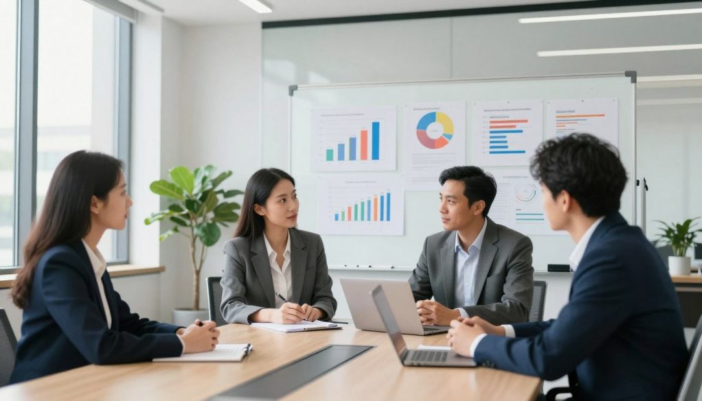 A modern office setting showcasing professional services. In the foreground, a diverse group of three business professionals—one woman and two men—wearing formal business attire, engaged in a brainstorming session around a sleek conference table. The middle ground features a large whiteboard filled with colorful charts and graphs, signifying successful business strategies. A potted plant adds a touch of nature to the space. In the background, large windows allow natural light to flood the room, creating a bright and inviting atmosphere. The composition is captured from a slightly elevated angle to emphasize collaboration and innovation, with an overall mood of professionalism and ambition. A modern office setting showcasing professional services. In the foreground, a diverse group of three business professionals—one woman and two men—wearing formal business attire, engaged in a brainstorming session around a sleek conference table. The middle ground features a large whiteboard filled with colorful charts and graphs, signifying successful business strategies. A potted plant adds a touch of nature to the space. In the background, large windows allow natural light to flood the room, creating a bright and inviting atmosphere. The composition is captured from a slightly elevated angle to emphasize collaboration and innovation, with an overall mood of professionalism and ambition.