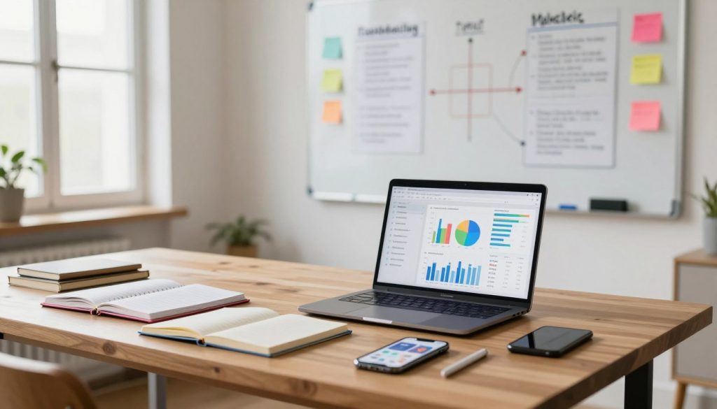 A modern workspace featuring various online marketing tools spread across a stylish pine desk. In the foreground, a laptop displays analytics graphs and charts representing marketing results. Beside it, there are colorful notebooks filled with notes and a smartphone showing social media apps. In the middle background, a large whiteboard covered with a strategic marketing plan, post-it notes, and markers. Soft, natural light from a nearby window creates a warm, inviting atmosphere, with a shallow depth of field focusing on the desk. The overall mood is professional yet creative, reflecting the dynamic nature of digital marketing for entrepreneurs. A modern workspace featuring various online marketing tools spread across a stylish pine desk. In the foreground, a laptop displays analytics graphs and charts representing marketing results. Beside it, there are colorful notebooks filled with notes and a smartphone showing social media apps. In the middle background, a large whiteboard covered with a strategic marketing plan, post-it notes, and markers. Soft, natural light from a nearby window creates a warm, inviting atmosphere, with a shallow depth of field focusing on the desk. The overall mood is professional yet creative, reflecting the dynamic nature of digital marketing for entrepreneurs.