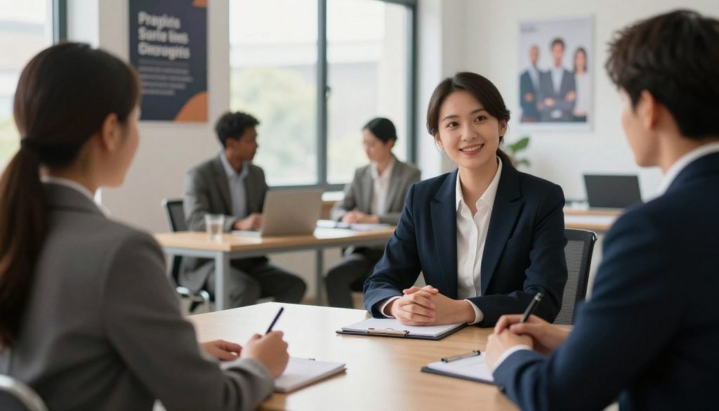 A professional business setting featuring a diverse group of individuals engaged in a mock interview scenario. In the foreground, a confident interviewee, wearing smart business attire, is sitting at a sleek desk, expressing strengths confidently through body language. Opposite, an interviewer, dressed in formal clothing, is listening attentively, taking notes on a notepad. The middle ground showcases a well-lit room with a large window allowing natural light to filter in, enhancing the atmosphere of professionalism and engagement. The background includes motivational posters about personal growth and teamwork, subtly reflecting the themes of strengths and areas for improvement. The overall mood is collaborative and focused, with warm lighting that creates an inviting and encouraging ambiance. A professional business setting featuring a diverse group of individuals engaged in a mock interview scenario. In the foreground, a confident interviewee, wearing smart business attire, is sitting at a sleek desk, expressing strengths confidently through body language. Opposite, an interviewer, dressed in formal clothing, is listening attentively, taking notes on a notepad. The middle ground showcases a well-lit room with a large window allowing natural light to filter in, enhancing the atmosphere of professionalism and engagement. The background includes motivational posters about personal growth and teamwork, subtly reflecting the themes of strengths and areas for improvement. The overall mood is collaborative and focused, with warm lighting that creates an inviting and encouraging ambiance.