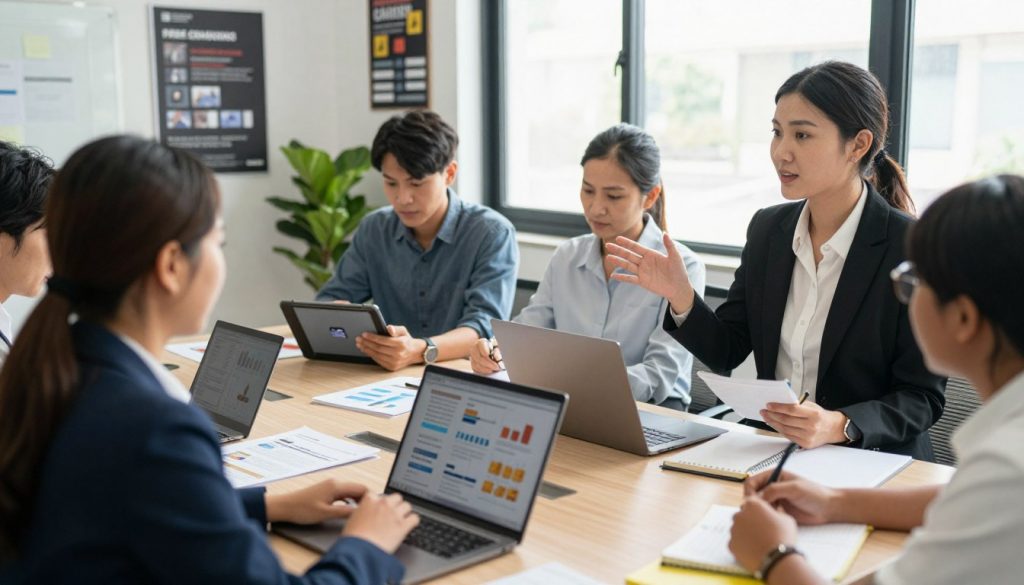 A professional business setting featuring a diverse group of individuals engaged in skill development activities. In the foreground, a confident woman in business attire is leading a discussion around a table filled with laptops, notebooks, and training materials. In the middle ground, a young man is studying a digital tablet with focused expression, while a middle-aged professional takes notes, showcasing various stages of skill acquisition. The background includes a large window with natural light streaming in, illuminating a modern office environment with motivational posters and potted plants. The atmosphere radiates collaboration and growth, emphasizing the positive journey of career change. Capture this scene with a warm color palette, balanced lighting, and a slightly elevated camera angle to enhance depth and engagement.