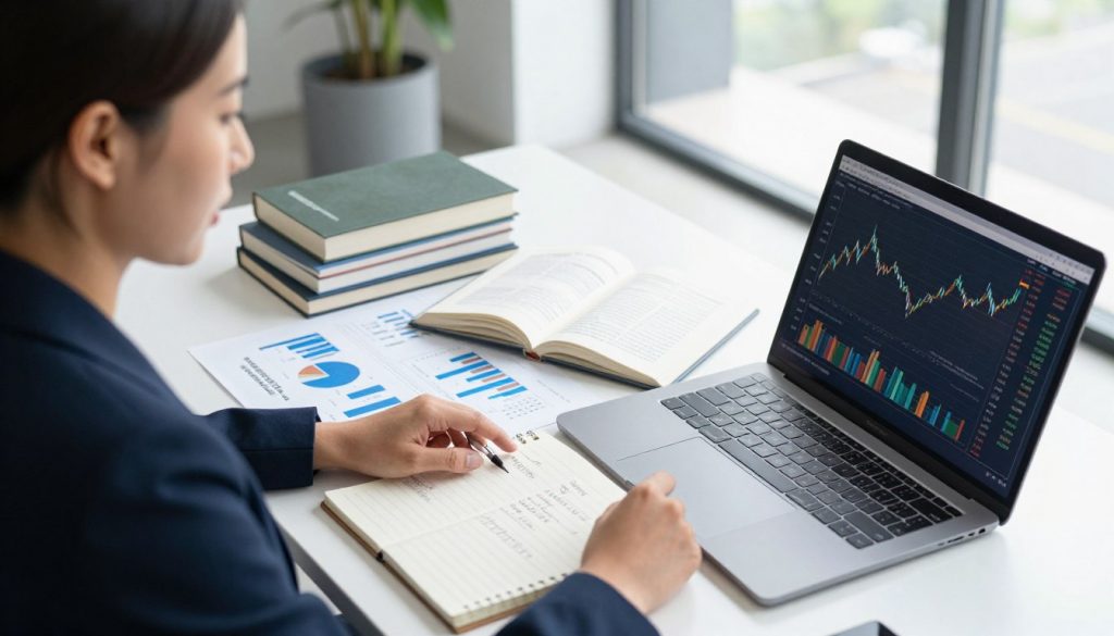 A professional businesswoman in smart attire, sitting at a modern desk cluttered with financial documents, graphs, and charts, analyzing investment strategies for long-term growth. In the foreground, a close-up view of her focused expression, with a laptop displaying fluctuating stock market graphs. In the middle, stacks of books on investing and a realistic financial planner open beside her, with a notepad filled with notes and insights. In the background, a bright office space with large windows, allowing natural light to illuminate the scene. The atmosphere is one of determination and focus, with a hint of optimism for future financial success. The angle is slightly angled from above, capturing the depth of the workspace and the busyness of investment planning. A professional businesswoman in smart attire, sitting at a modern desk cluttered with financial documents, graphs, and charts, analyzing investment strategies for long-term growth. In the foreground, a close-up view of her focused expression, with a laptop displaying fluctuating stock market graphs. In the middle, stacks of books on investing and a realistic financial planner open beside her, with a notepad filled with notes and insights. In the background, a bright office space with large windows, allowing natural light to illuminate the scene. The atmosphere is one of determination and focus, with a hint of optimism for future financial success. The angle is slightly angled from above, capturing the depth of the workspace and the busyness of investment planning.