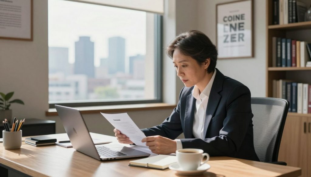 A professional individual in a well-lit, airy office environment, sitting at a desk covered with a laptop, notepad, and a cup of coffee. The foreground features the person, a middle-aged professional dressed in smart business attire, intently reviewing a self-assessment document. In the middle ground, a large window offers a view of a serene urban skyline, symbolizing opportunities and future growth. The background showcases bookshelves lined with career development books and motivational quotes framed artfully on the wall, creating an atmosphere of introspection and focus. Soft, natural light filters in, casting gentle shadows, enhancing the contemplative mood of self-evaluation and professional reinvention. The perspective is slightly elevated, capturing the essence of a pivotal moment in the journey of career transformation.