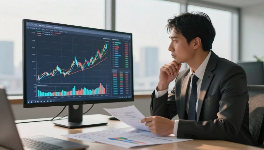 A professional investor in a modern office environment, analyzing financial charts on a large screen. In the foreground, depict a serious-looking businessperson in professional attire, deep in thought, with spreadsheets and financial reports spread on the desk. The middle ground features digital graphs showing upward and downward trends, symbolizing risk and return. The background includes soft-focus city skyline through large windows, suggesting an atmosphere of opportunity and strategic thinking. Warm, natural lighting streams in, enhancing a focused yet optimistic ambiance. The image should feel dynamic and engaging, illustrating the concept of risk management in investment.