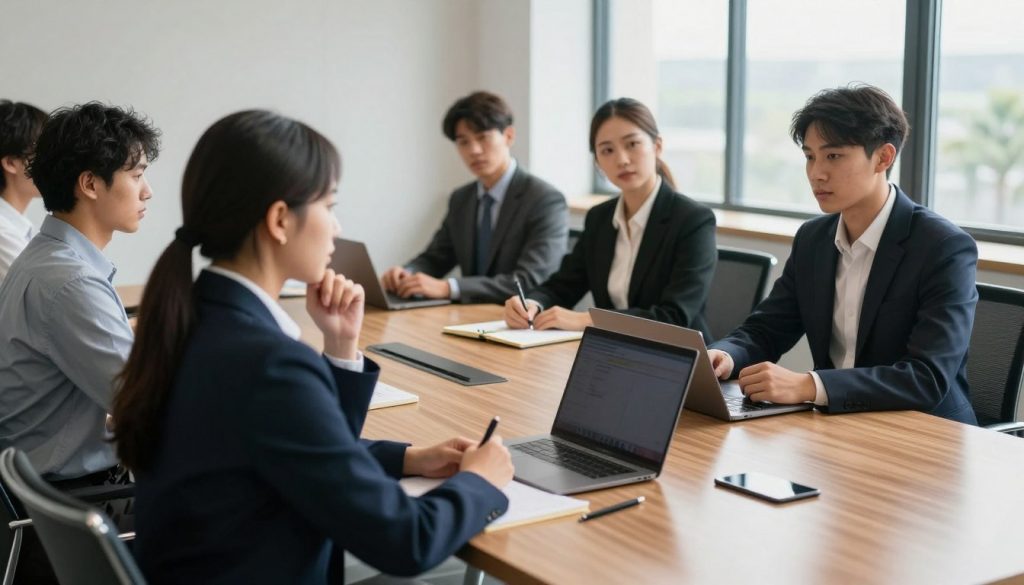 A professional job interview scene set in a well-lit conference room. In the foreground, a diverse group of individuals, including a thoughtful interviewee in a smart suit and an attentive interviewer in professional attire, are engaged in a serious conversation. The ambiance conveys intensity and focus, highlighting expressions of concentration and determination on their faces. In the middle ground, a polished wooden table holds note pads and pens, while a laptop sits open, reflecting the job interview atmosphere. The background features a large window with natural light streaming in, casting soft shadows and adding depth to the scene. The overall mood is one of professionalism and the challenge of tackling difficult interview questions. A professional job interview scene set in a well-lit conference room. In the foreground, a diverse group of individuals, including a thoughtful interviewee in a smart suit and an attentive interviewer in professional attire, are engaged in a serious conversation. The ambiance conveys intensity and focus, highlighting expressions of concentration and determination on their faces. In the middle ground, a polished wooden table holds note pads and pens, while a laptop sits open, reflecting the job interview atmosphere. The background features a large window with natural light streaming in, casting soft shadows and adding depth to the scene. The overall mood is one of professionalism and the challenge of tackling difficult interview questions.