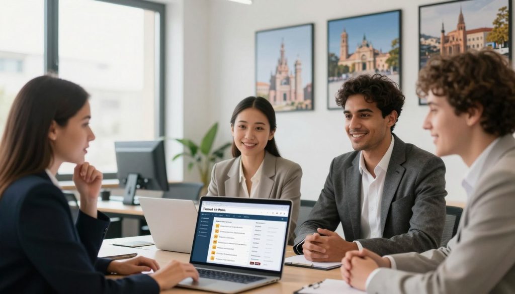 A professional office environment showcasing trusted job portals in Spain. In the foreground, a diverse group of three professionals—one woman and two men—dressed in smart business attire, engaged in a discussion around a laptop displaying various job listings. Their expressions are focused and optimistic, symbolizing hope and reliability. In the middle ground, a modern office setup is visible with a large window letting in soft natural light, creating an inviting atmosphere. Behind them, a wall adorned with framed images of famous Spanish landmarks adds cultural context. The overall ambiance is bright and positive, evoking a sense of trust and opportunity in the job market. The perspective should be slightly angled, as if the viewer is observing the scene from the side. A professional office environment showcasing trusted job portals in Spain. In the foreground, a diverse group of three professionals—one woman and two men—dressed in smart business attire, engaged in a discussion around a laptop displaying various job listings. Their expressions are focused and optimistic, symbolizing hope and reliability. In the middle ground, a modern office setup is visible with a large window letting in soft natural light, creating an inviting atmosphere. Behind them, a wall adorned with framed images of famous Spanish landmarks adds cultural context. The overall ambiance is bright and positive, evoking a sense of trust and opportunity in the job market. The perspective should be slightly angled, as if the viewer is observing the scene from the side.