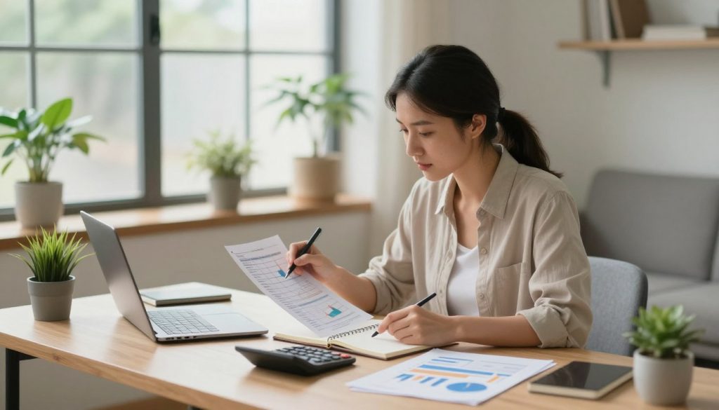 A serene home office scene depicting a professional woman in modest casual attire, sitting at a stylish desk, diligently reviewing her finances. She is surrounded by visual elements symbolizing intelligent expense reduction, such as a notepad with a budget plan, a calculator, and charts showing decreasing expenses. In the background, a large window lets in soft natural light, illuminating potted plants that evoke a sense of calm and organization. The atmosphere is focused and empowering, conveying the idea of taking charge of one's financial health. The composition is balanced, with the subject in the foreground, elements of financial planning in the middle, and a peaceful domestic setting in the background, evoking a feeling of hope and control over one's finances.
