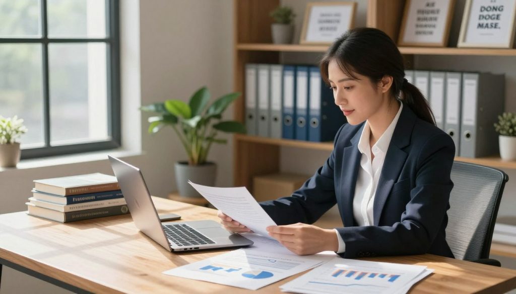 A serene home office scene illuminated by soft, natural light filtering through a large window, casting gentle shadows on a wooden desk. In the foreground, a young professional woman in smart business attire sits at the desk, thoughtfully reviewing financial documents and a laptop. Stylish charts and graphs depicting financial growth surround her. In the middle ground, a small potted plant adds a touch of greenery, along with a stack of books about personal finance. In the background, shelves filled with neatly organized binders and framed motivational quotes create an inspiring atmosphere. The mood is focused and optimistic, emphasizing the theme of financial preparedness and the journey of long-term investing. The composition is captured from a slightly elevated angle to include both the subject's engagement and the organized workspace. A serene home office scene illuminated by soft, natural light filtering through a large window, casting gentle shadows on a wooden desk. In the foreground, a young professional woman in smart business attire sits at the desk, thoughtfully reviewing financial documents and a laptop. Stylish charts and graphs depicting financial growth surround her. In the middle ground, a small potted plant adds a touch of greenery, along with a stack of books about personal finance. In the background, shelves filled with neatly organized binders and framed motivational quotes create an inspiring atmosphere. The mood is focused and optimistic, emphasizing the theme of financial preparedness and the journey of long-term investing. The composition is captured from a slightly elevated angle to include both the subject's engagement and the organized workspace.