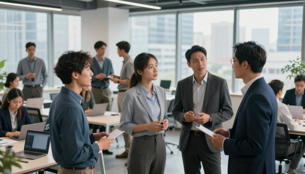 A sophisticated networking scene featuring a diverse group of professionals engaged in lively discussions at a contemporary office environment. In the foreground, a group of three individuals—two men and one woman—are animatedly exchanging ideas, dressed in smart business attire. The middle ground shows clusters of small groups interacting, with a mix of laptops and digital devices, suggesting a tech-savvy atmosphere. In the background, large windows reveal a city skyline, with soft natural light streaming in, enhancing the open and collaborative vibe of the space. The overall mood is dynamic and optimistic, highlighting the importance of building professional connections in a modern work context. A sophisticated networking scene featuring a diverse group of professionals engaged in lively discussions at a contemporary office environment. In the foreground, a group of three individuals—two men and one woman—are animatedly exchanging ideas, dressed in smart business attire. The middle ground shows clusters of small groups interacting, with a mix of laptops and digital devices, suggesting a tech-savvy atmosphere. In the background, large windows reveal a city skyline, with soft natural light streaming in, enhancing the open and collaborative vibe of the space. The overall mood is dynamic and optimistic, highlighting the importance of building professional connections in a modern work context.