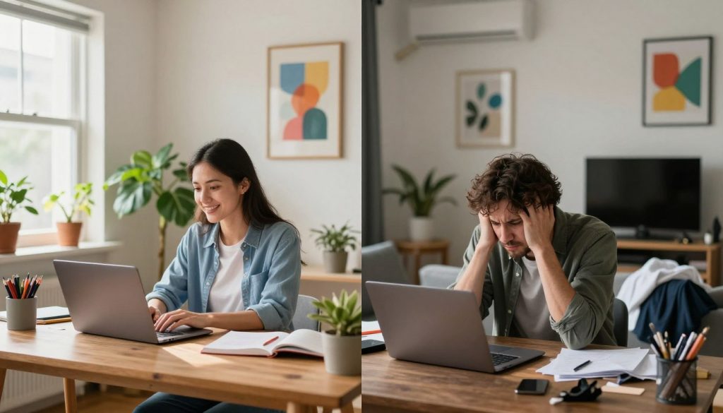 A split-screen image illustrating the advantages and disadvantages of remote work. On the left, depict a cozy home office scene with a person in business casual attire happily working on a laptop, surrounded by plants and soft morning light streaming through a window, creating a productive and calming atmosphere. On the right, show a cluttered living space with distractions, such as a TV and laundry, where another person in casual clothing struggles to focus on their work, expressing frustration. The background should feature subtle details highlighting the contrast between the two environments, such as colorful art on the walls in the serene side and a disorganized desk on the chaotic side. The overall mood should evoke a sense of balance, emphasizing both the positive and negative aspects of telecommuting.