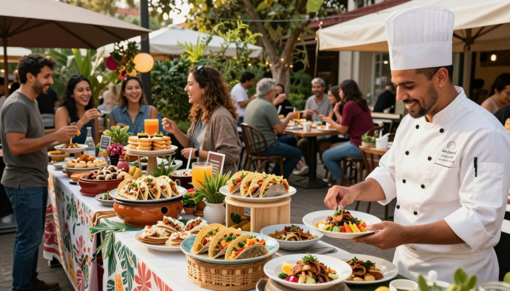 A vibrant and inviting food market scene showcasing various profitable business models in gastronomy. In the foreground, a cheerful, professional chef in a crisp white jacket is skillfully preparing gourmet dishes at a food stall, displaying colorful plates. In the middle, diverse food vendors present a variety of cuisines, from street tacos to artisanal pastries, each stall adorned with fresh ingredients and decorative elements. In the background, an engaging atmosphere filled with happy customers enjoying meals at outdoor tables, leafy greenery surrounding the area enhancing the vibe. Soft, warm sunlight bathes the entire scene, creating a lively and inviting mood. Use a wide-angle lens to capture the dynamic interaction between vendors and patrons, highlighting the essence of a thriving culinary business environment. A vibrant and inviting food market scene showcasing various profitable business models in gastronomy. In the foreground, a cheerful, professional chef in a crisp white jacket is skillfully preparing gourmet dishes at a food stall, displaying colorful plates. In the middle, diverse food vendors present a variety of cuisines, from street tacos to artisanal pastries, each stall adorned with fresh ingredients and decorative elements. In the background, an engaging atmosphere filled with happy customers enjoying meals at outdoor tables, leafy greenery surrounding the area enhancing the vibe. Soft, warm sunlight bathes the entire scene, creating a lively and inviting mood. Use a wide-angle lens to capture the dynamic interaction between vendors and patrons, highlighting the essence of a thriving culinary business environment.