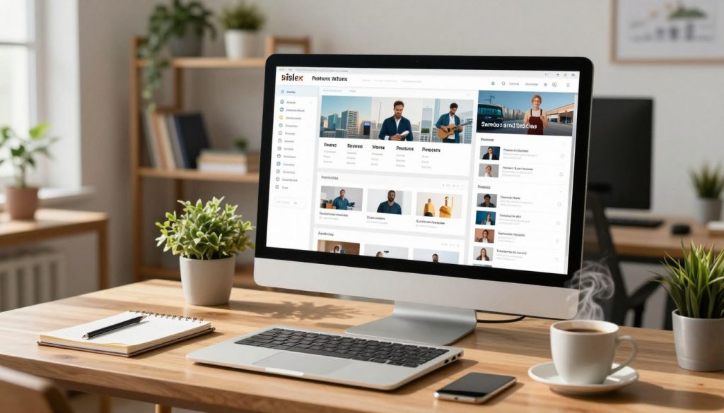 A vibrant digital workspace illustrating various remote work platforms. In the foreground, a modern laptop sits on a stylish wooden desk, with an organized notepad and a steaming cup of coffee beside it. The middle section features a large, high-definition monitor displaying multiple open windows of popular job platforms, all in a clean, user-friendly layout. The background shows a well-lit home office with decorative plants and bookshelves, exuding a comfortable and professional atmosphere. Bright natural light streams in through a nearby window, casting soft shadows. The mood is focused and productive, reflecting a professional work-from-home environment. No people are included, ensuring a neutral representation of remote work opportunities. A vibrant digital workspace illustrating various remote work platforms. In the foreground, a modern laptop sits on a stylish wooden desk, with an organized notepad and a steaming cup of coffee beside it. The middle section features a large, high-definition monitor displaying multiple open windows of popular job platforms, all in a clean, user-friendly layout. The background shows a well-lit home office with decorative plants and bookshelves, exuding a comfortable and professional atmosphere. Bright natural light streams in through a nearby window, casting soft shadows. The mood is focused and productive, reflecting a professional work-from-home environment. No people are included, ensuring a neutral representation of remote work opportunities.