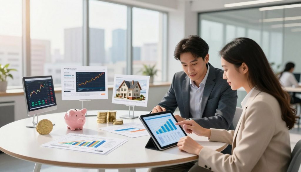A visually engaging illustration depicting various types of investments suitable for beginners. In the foreground, a diverse group of two business professionals, one male and one female, dressed in smart casual attire, analyzing charts and graphs displayed on a digital tablet. In the middle ground, a round table with various investment tools like stocks, bonds, real estate images, and a piggy bank scattered around. In the background, a bright and modern office setting with large windows showcasing a cityscape, softly lit by morning sunlight. The atmosphere is focused and optimistic, conveying a sense of empowerment and opportunity in financial growth. Use a wide-angle lens effect to create depth, emphasizing the collaborative spirit of learning in investing.