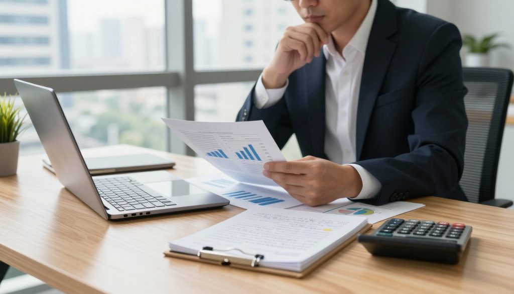 A well-lit office environment with a beautiful wooden desk as the foreground, showcasing a financial planner's tools: a laptop open with charts and graphs, a notepad filled with handwritten notes, and a calculator. In the middle ground, a professional individual in business attire is engaged in deep thought while analyzing documents scattered around. The background features a large window allowing natural light to illuminate the room, with a cityscape view of modern buildings. The overall atmosphere should convey focus and seriousness, with a sense of clarity and organization, emphasizing the importance of financial planning in entrepreneurship. A soft depth of field can be used to highlight the subject while slightly blurring the background for a polished effect.
