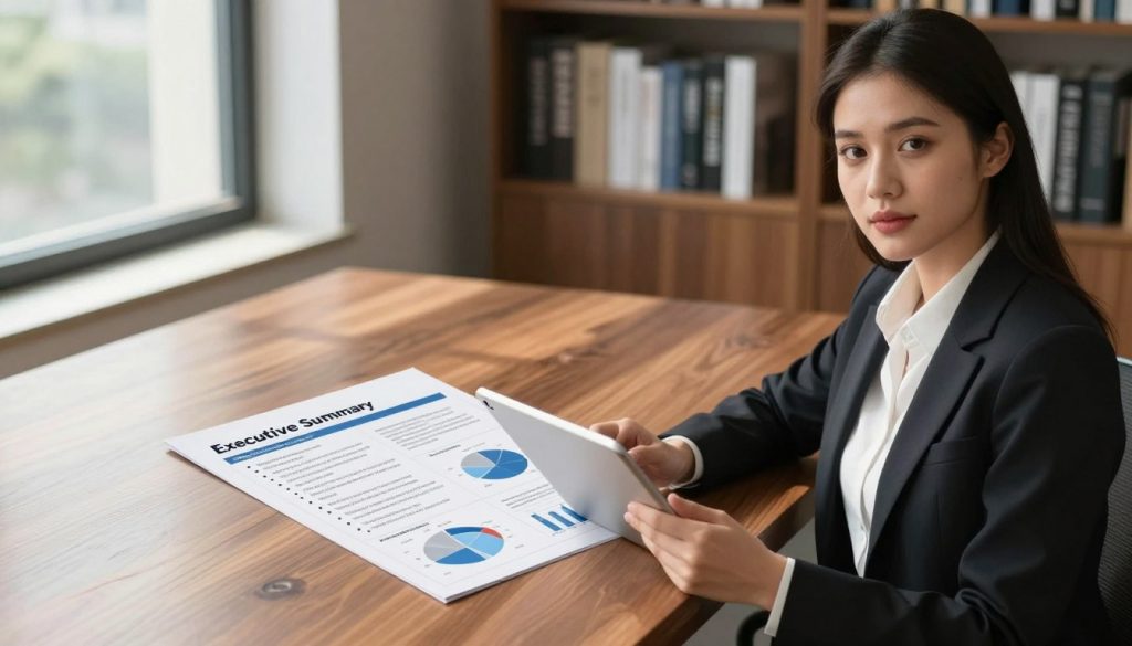 An elegant office environment serves as the backdrop, featuring a sleek wooden desk with polished surface. On the desk, a well-organized executive summary document is displayed, showcasing bullet points and graphs, demonstrating clear and concise business insights. In the foreground, a professional young woman in business attire, looking confidently at the viewer, holds a tablet, symbolizing innovation and technology in business. Soft natural light streams through a large window, casting gentle shadows and creating an atmosphere of clarity and focus. In the background, a blurred bookshelf filled with business literature emphasizes a sense of expertise and knowledge. The overall mood is dynamic and inspiring, capturing the essential elements of an engaging executive summary.