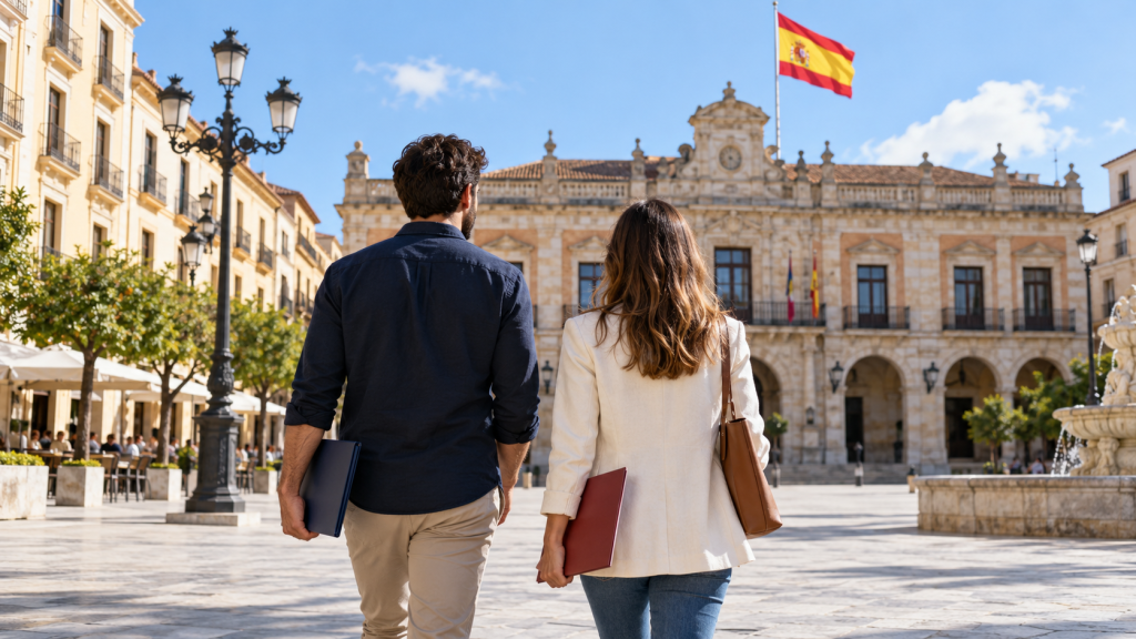 Dos personas con carpetas ante un edificio de una plaza española.