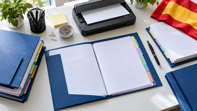 Carpetas, hojas sin datos personales y un escáner para preparar documentos.