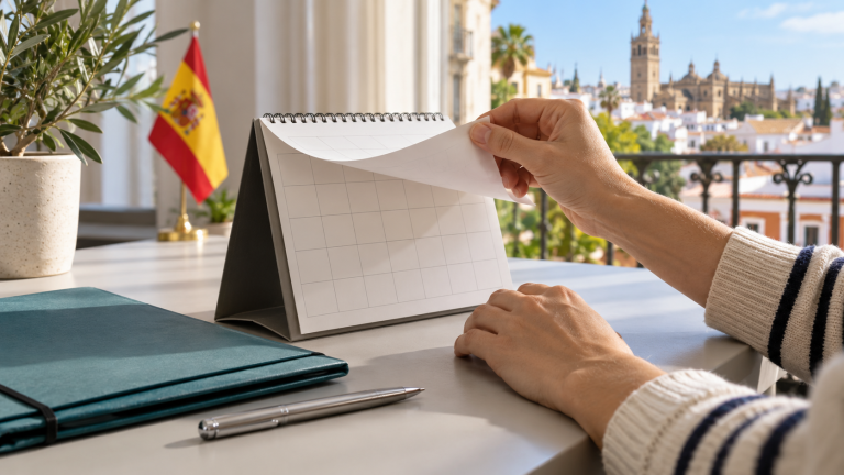 Manos pasando una página de calendario junto a una carpeta de documentos.