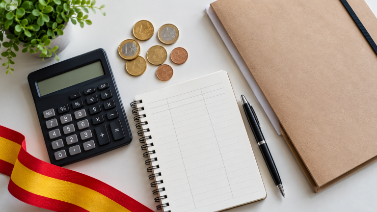 Calculadora, monedas y cuaderno para organizar el presupuesto de una solicitud.