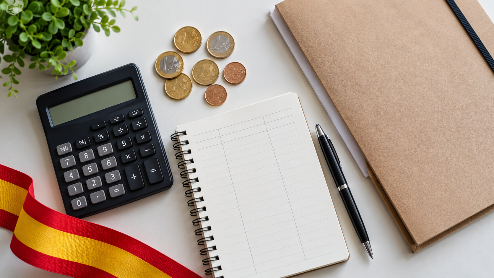 Calculadora, monedas y cuaderno para organizar el presupuesto de una solicitud.